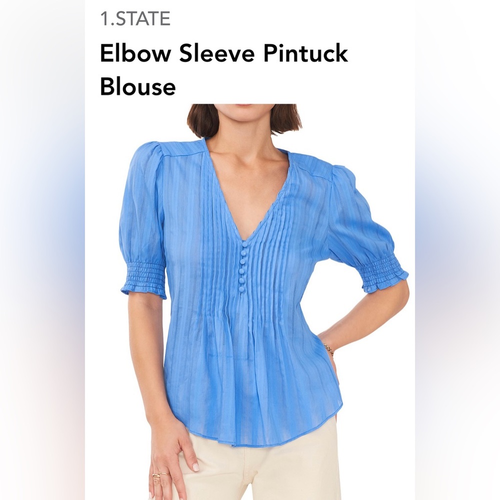 1. STATE WOMAN’S ELBOW SLEEVE PINTUCK CAPRI BLUE BLOUSE SIZE XL